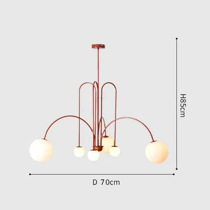 A modern copper-toned comet chandelier nordic with five spherical glass globe lights and curved metal arms