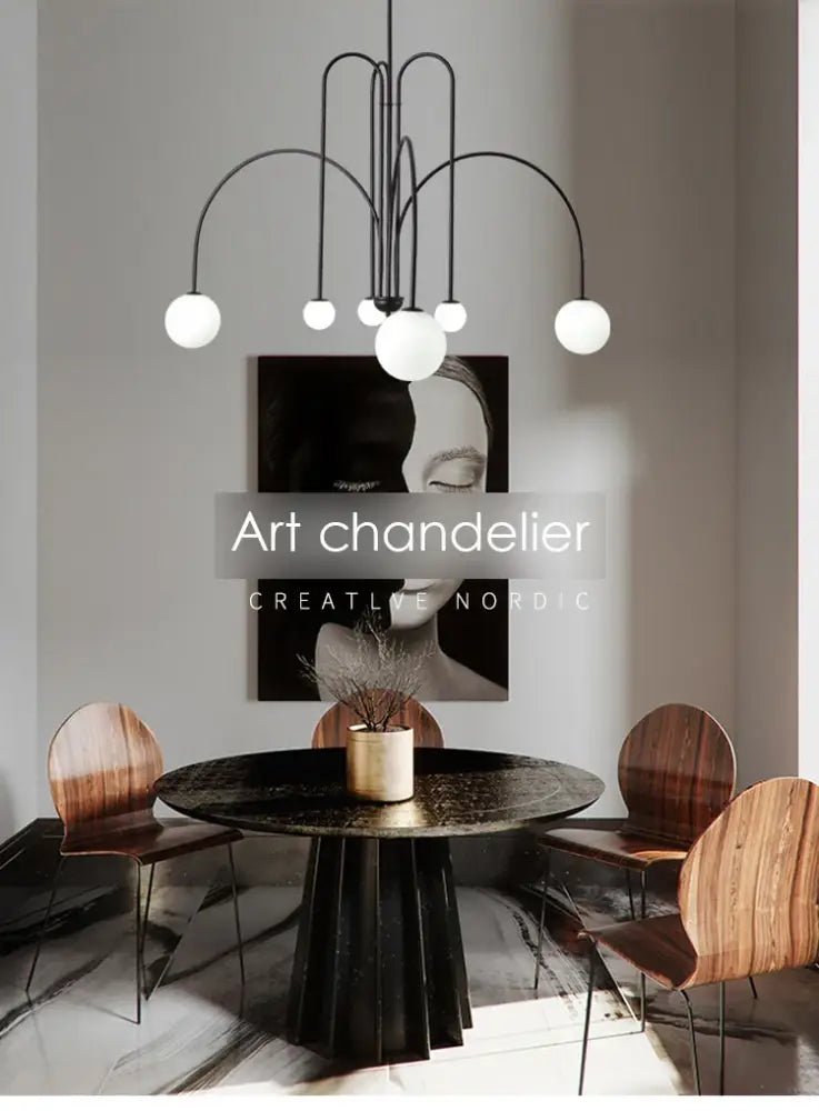 Black metal comet chandelier nordic with spherical white glass globes for elegant home décor by DecorBites