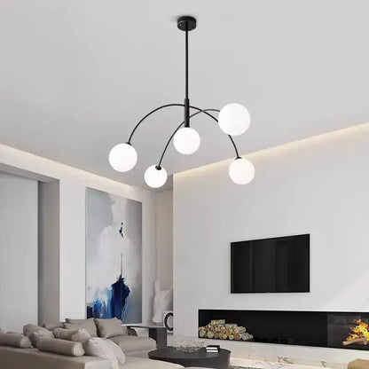 Modern black metal comet chandelier nordic with five frosted glass globe lights for elegant home décor by DecorBites™