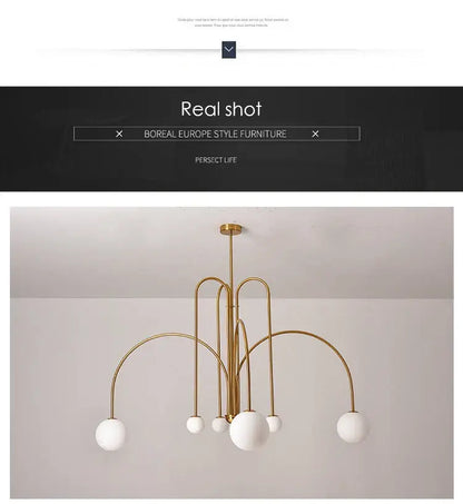 Decorbites™ nordic comet chandelier featuring gold-toned curved metal arms and white glass ball shades for elegant decor