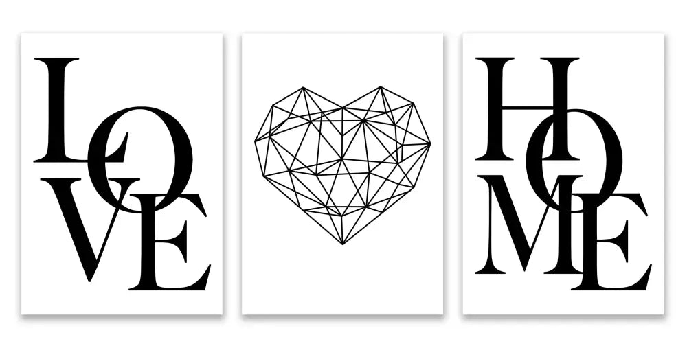 Decorbites™ nordic diamond heart canvas prints set featuring black and white minimalist wall art with love home text and geometric design