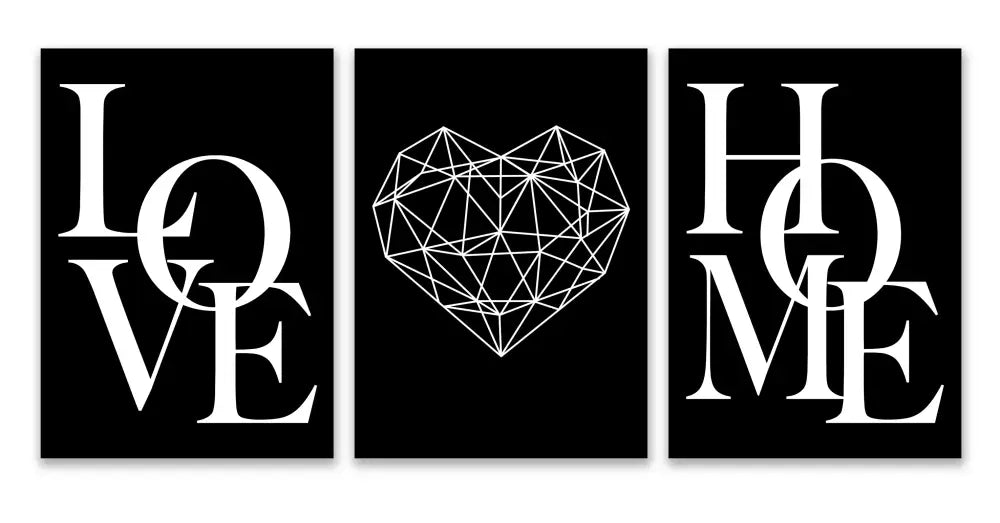 Black and white DecorBites™ nordic diamond heart canvas prints set with bold love and home text and geometric heart design