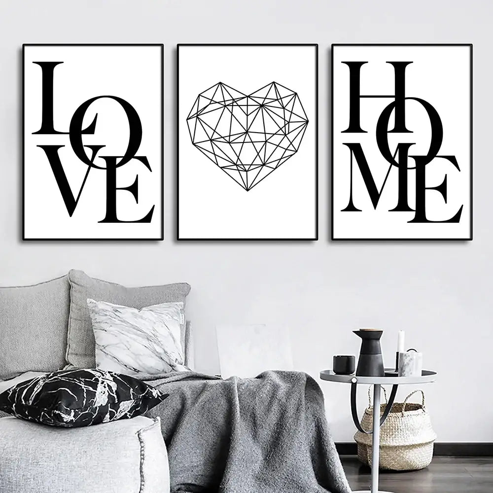 Three black-and-white nordic diamond heart canvas prints featuring bold love and home typography in DecorBites™ set