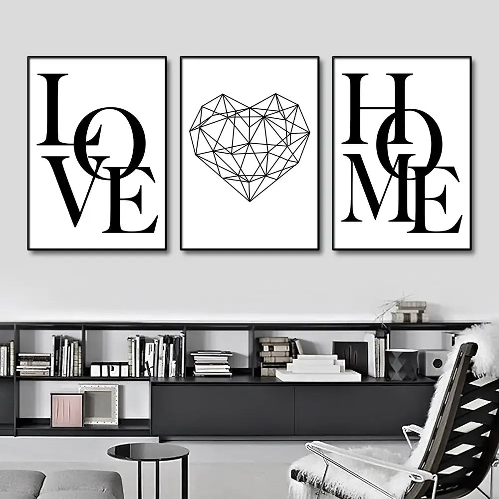 Three black and white canvas prints featuring bold love home text and a nordic diamond heart design by DecorBites™
