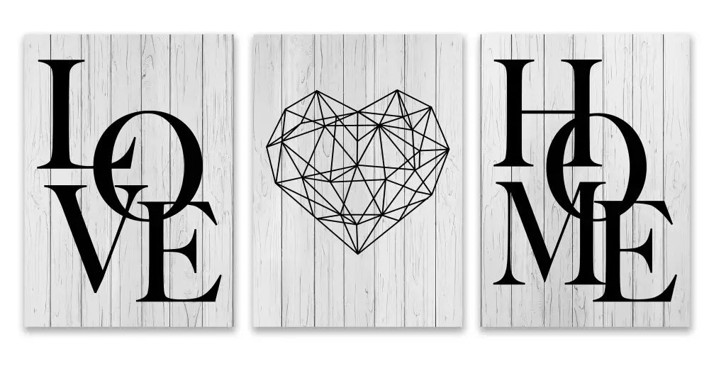 Set of three black and white rustic wood canvas prints featuring love home and nordic diamond heart design by decorbites