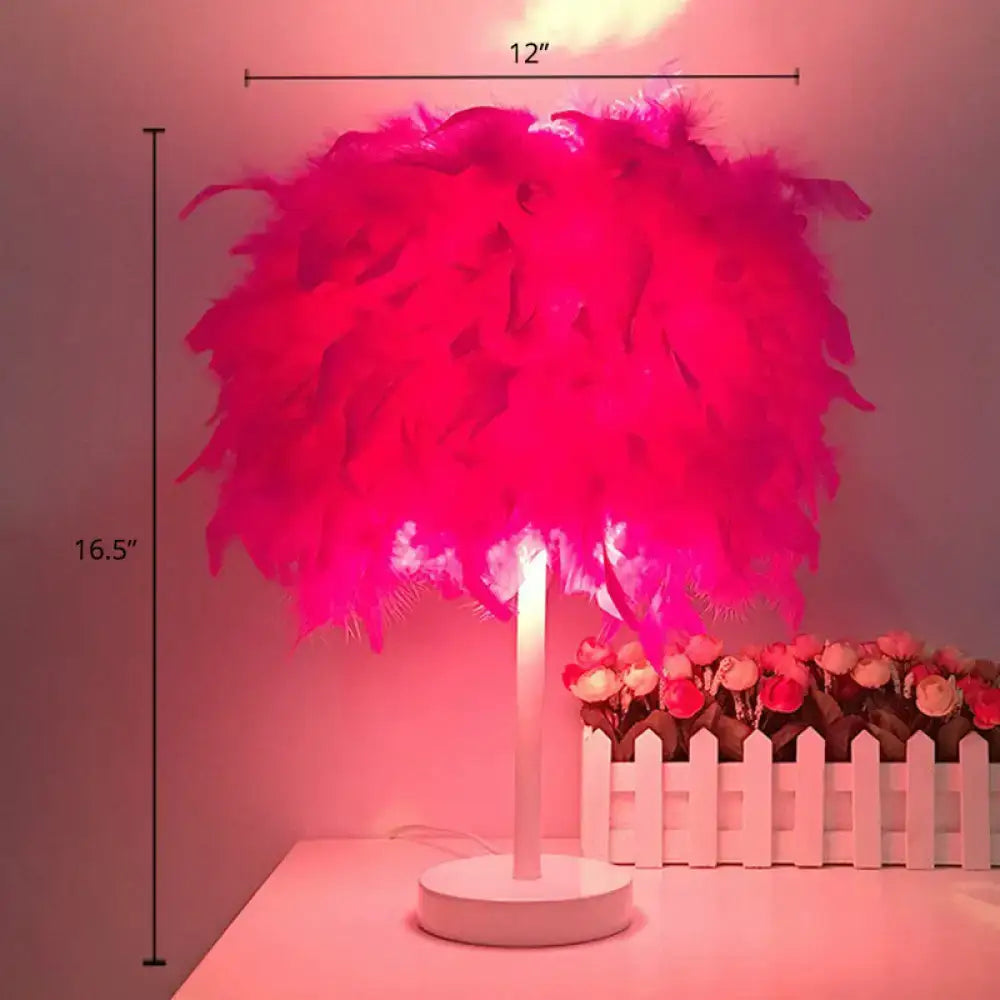 Decorbites™ nordic feather cylinder table lamp with vibrant pink feather shade and white base compatible with 110v-120v led incandescent fluorescent bulbs