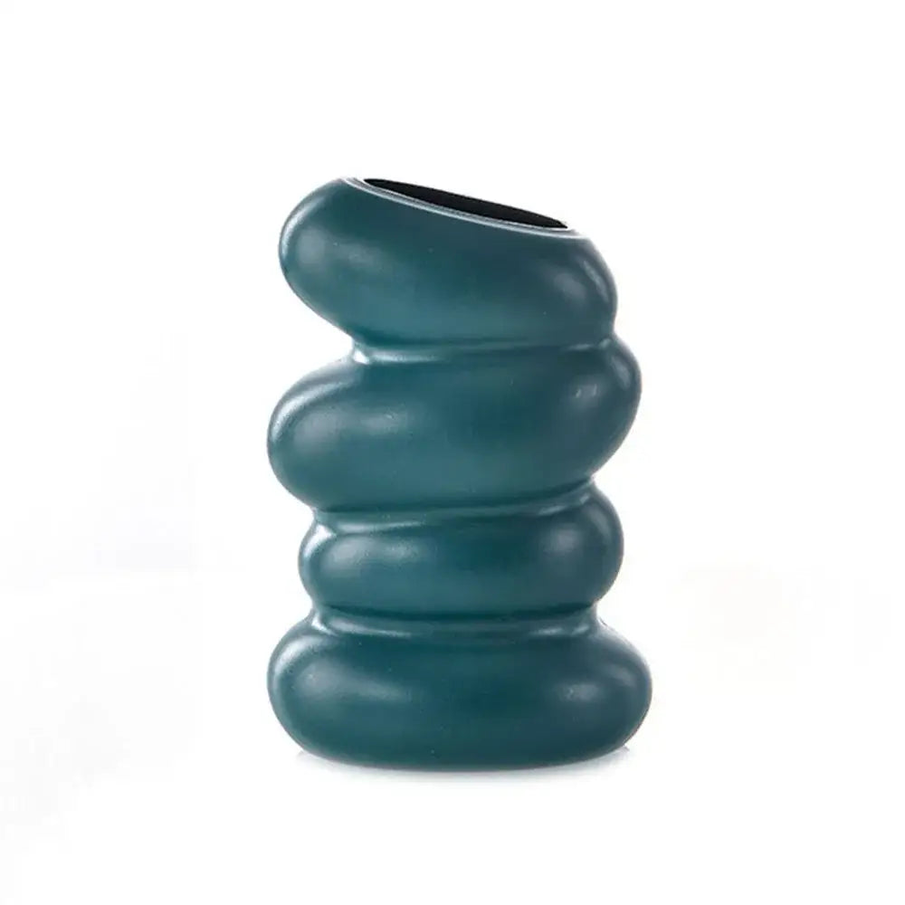Teal ceramic nordic flower vase with stacked rounded segments for modern home decor by DecorBites™