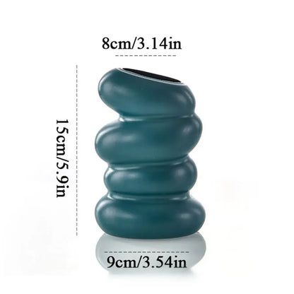 Teal ceramic nordic flower vase with stacked rounded segments and glossy finish for modern home decor