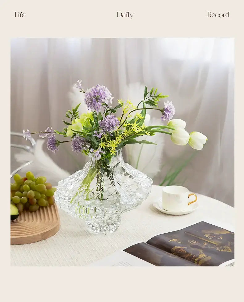 Clear intricately faceted glass vase with an organic shape from decorbites nordic frosting glass vase collection