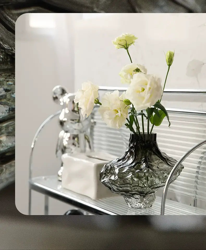 Decorbites™ nordic frosting glass vase dark textured frosting glass with sculpted form holding white flowers