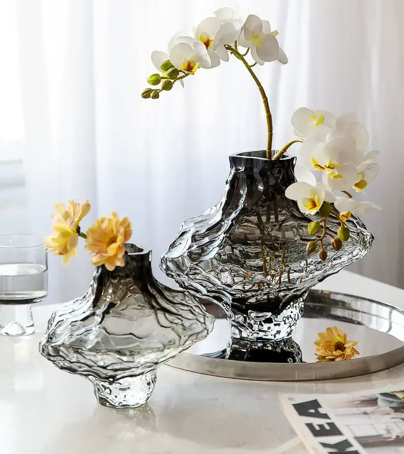 DecorBites™ Nordic Frosting glass vase textured dark gray and transparent finish holding elegant white orchids