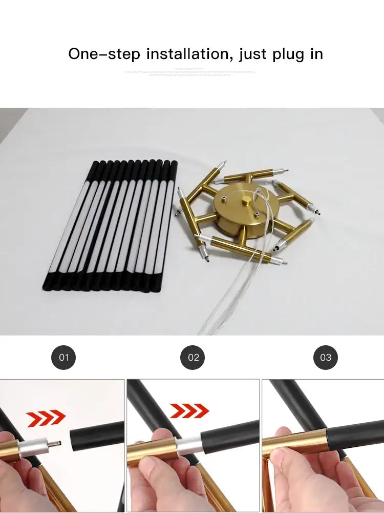 Gold-colored multi-armed decorbites™ nordic geometry led chandelier with black and white striped lamp holders and remote control