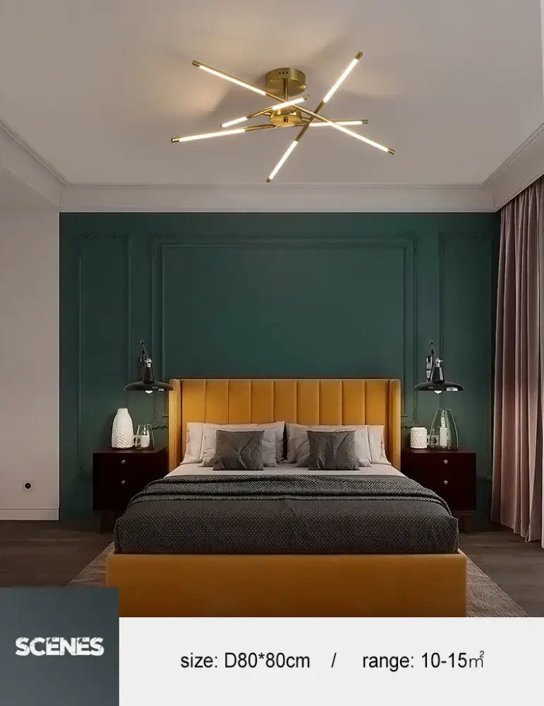 Gold-toned DecorBites™ Nordic geometry LED chandelier with six angled arms and remote control for modern lighting