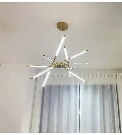 Modern gold-toned led chandelier with nordic geometry design and remote control featuring sleek angular light bars