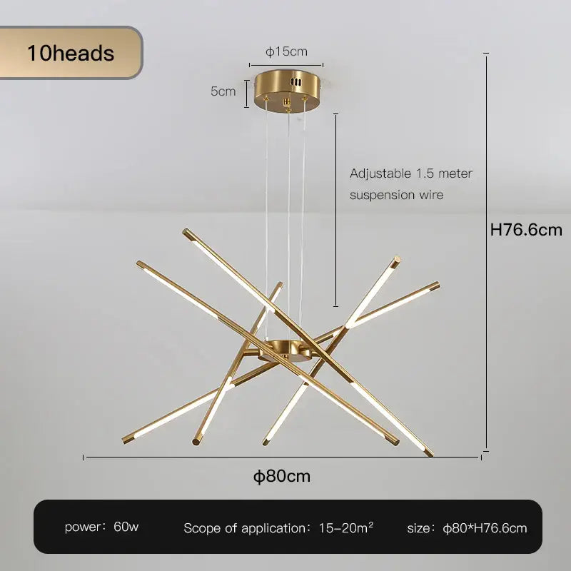 Modern gold-toned DecorBites™ nordic geometry led chandelier with ten illuminated arms and remote control functionality