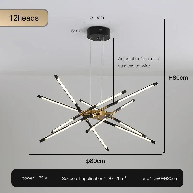 Modern black and gold led chandelier with 12 illuminated arms featuring nordic geometry design and remote control by decorbites