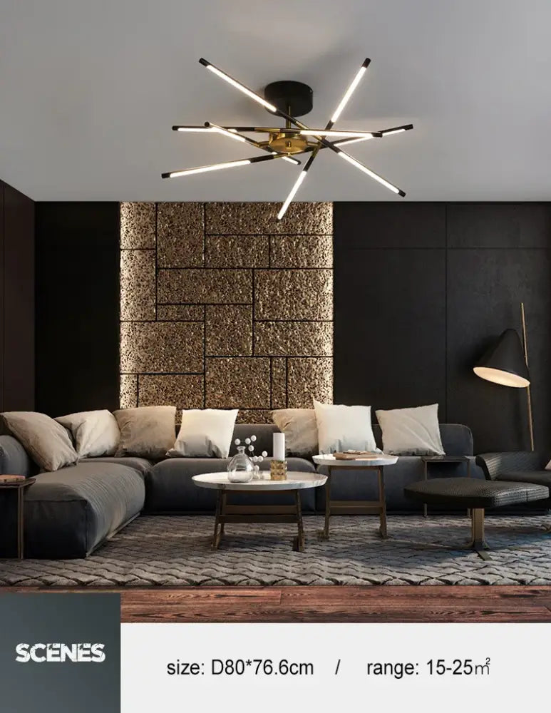 DecorBites™ nordic geometry led chandelier with remote control features a gold hub and black arms holding white led strips
