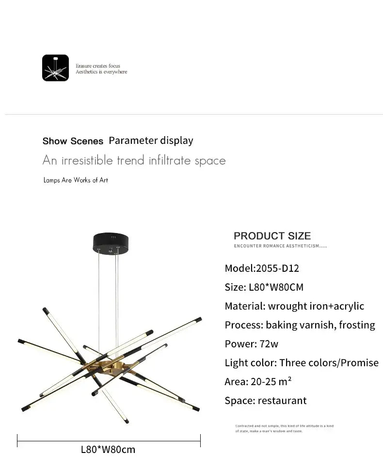 Modern black and gold wrought iron led chandelier with acrylic arms nordic geometry model 2055-d12 with remote control