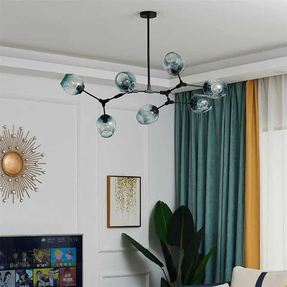 Modern black metal DecorBites™ nordic glass ball led chandelier with translucent teal glass ball bulbs in black gold finish