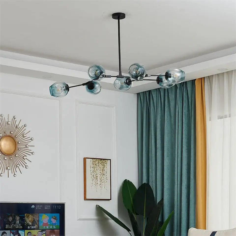 DecorBites™ nordic glass ball led chandelier in black metal with translucent blue glass globe bulbs for modern decor