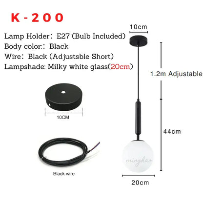 DecorBites™ Nordic glass ball pendant light features a black metal fixture with a milky white glass globe light source
