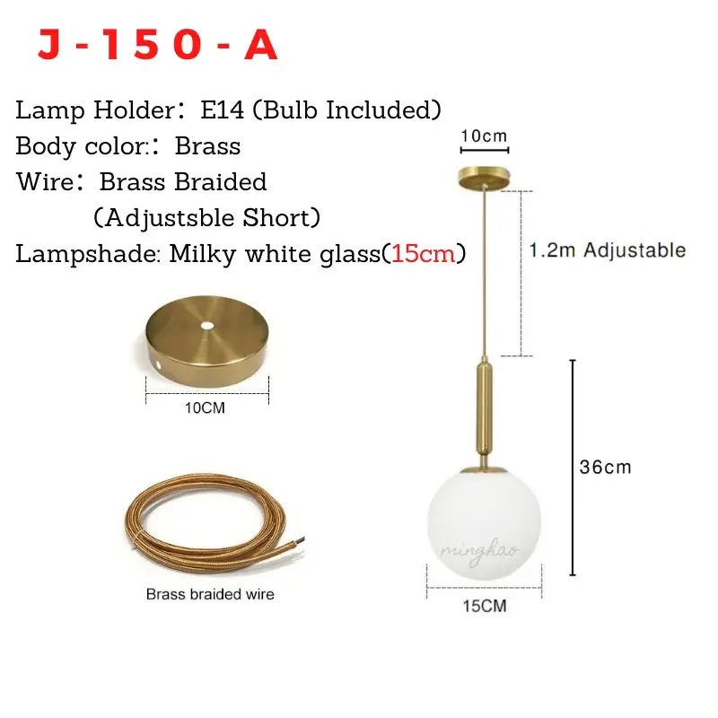 Brass-finished pendant light with adjustable brass braided wire and milky white glass ball light source by DecorBites™ Nordic