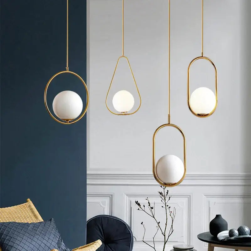 DecorBites™ nordic glass ball pendant light featuring modern gold-toned frames and frosted glass light sources