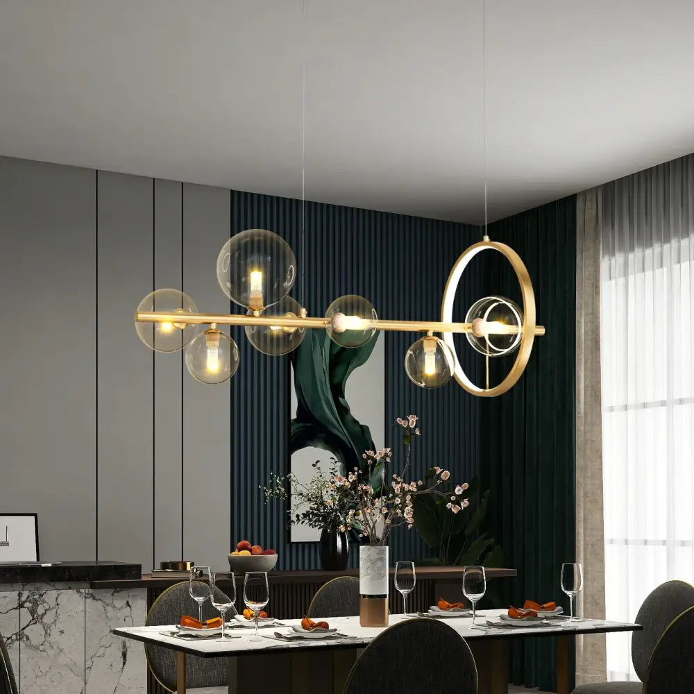 DecorBites™ nordic glass bubble led chandelier with gold-toned spherical glass globes and circular metallic accents