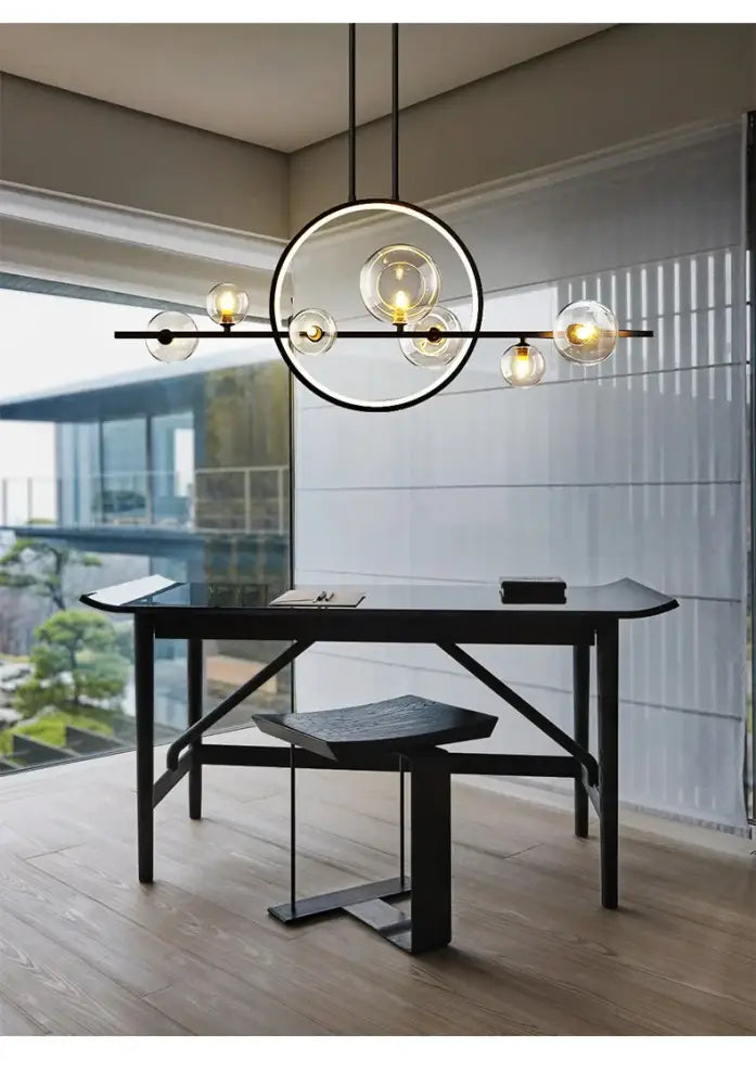 Modern black metal nordic glass bubble led chandelier with circular frame and spherical glass bubble bulbs