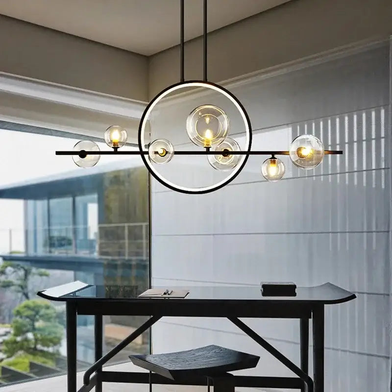 Modern black metal DecorBites™ nordic glass bubble led chandelier with clear glass bubble globe bulbs and circular frame