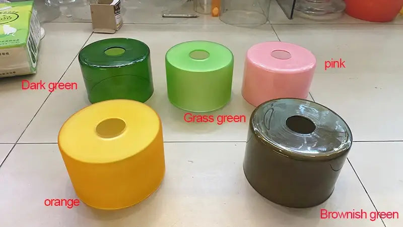 DecorBites™ nordic glass chandelier with five colorful cylindrical tissue holders in dark green, pink, orange, and grass green