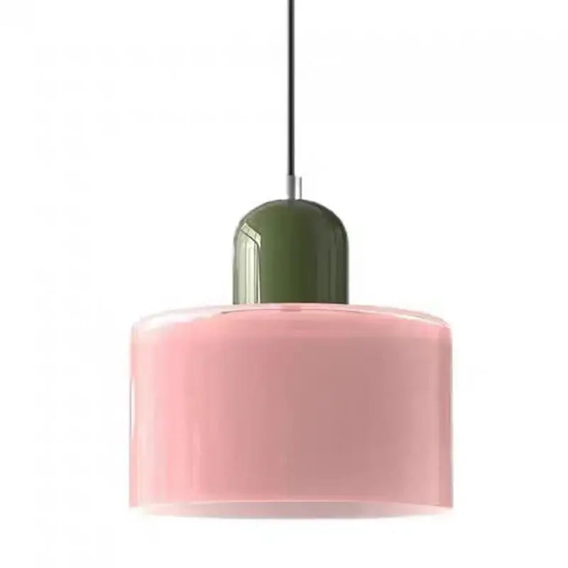A modern DecorBites™ nordic glass chandelier pendant light with matte pink shade and olive green top cap for bedroom and bar