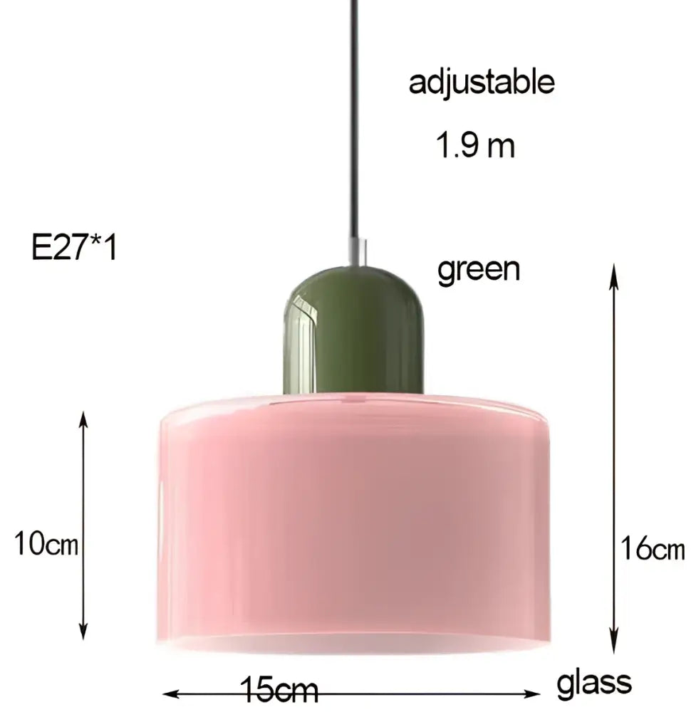 Pink glass pendant lamp with green ceramic top and adjustable 1.9-meter cord nordic glass chandelier for bedroom and bar