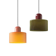 Two modern nordic glass chandelier pendant lights with translucent orange and olive shades and glossy red caps