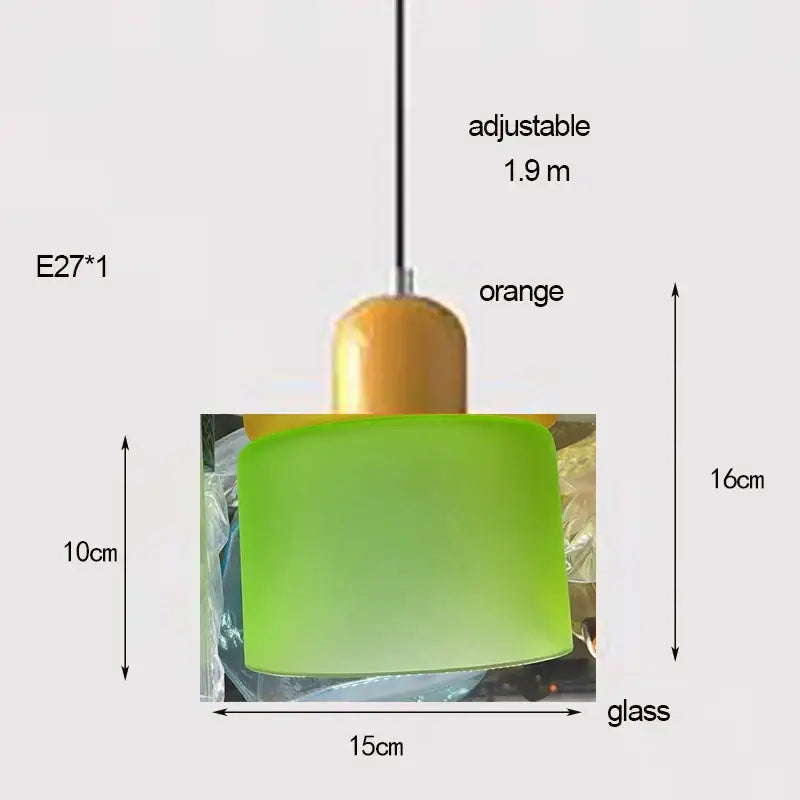 Vibrant lime green nordic glass chandelier with orange metallic top and adjustable 1.9m chain for bedroom and bar