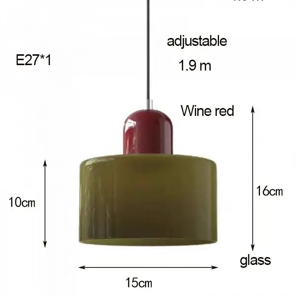 Wine red glass chandelier with cylindrical shade and metallic top from decorbites nordic glass chandelier collection for bedroom and bar