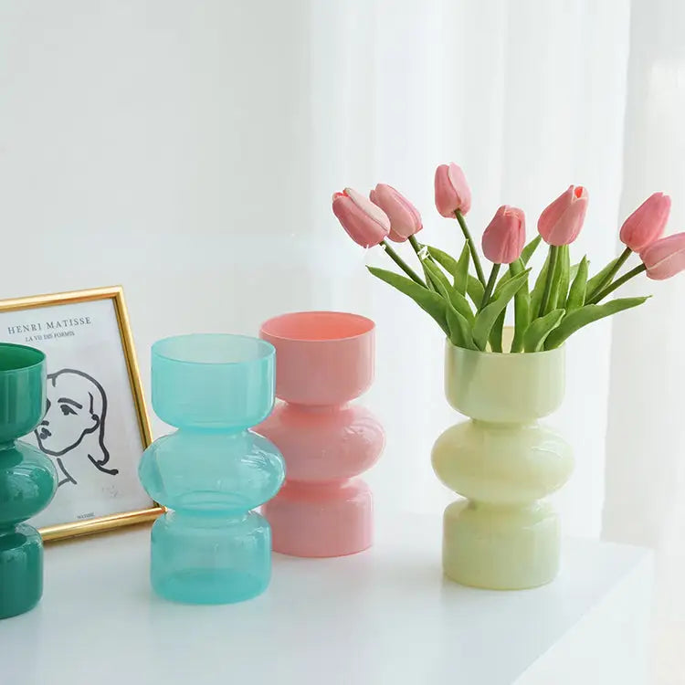 Pastel green stacked glass vase with pink tulips for elegant vase home decor by decorbites™ nordic glass flower vase