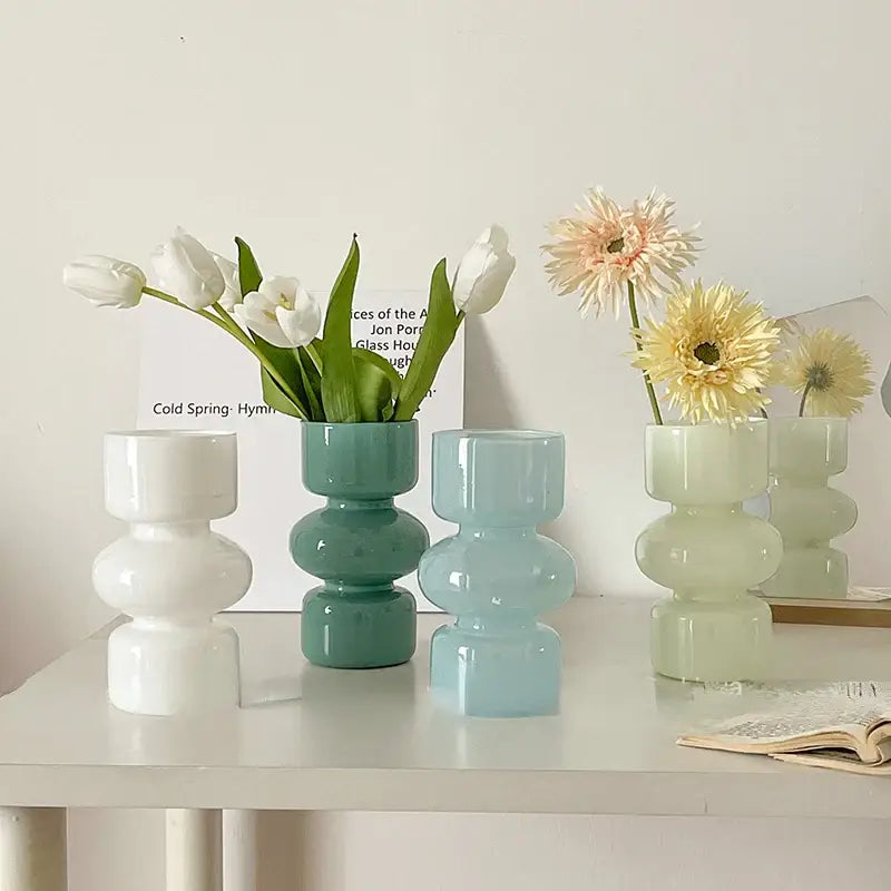 Set of three stacked glass vases in white teal and light blue for modern vase home decor by DecorBites™ Nordic Glass