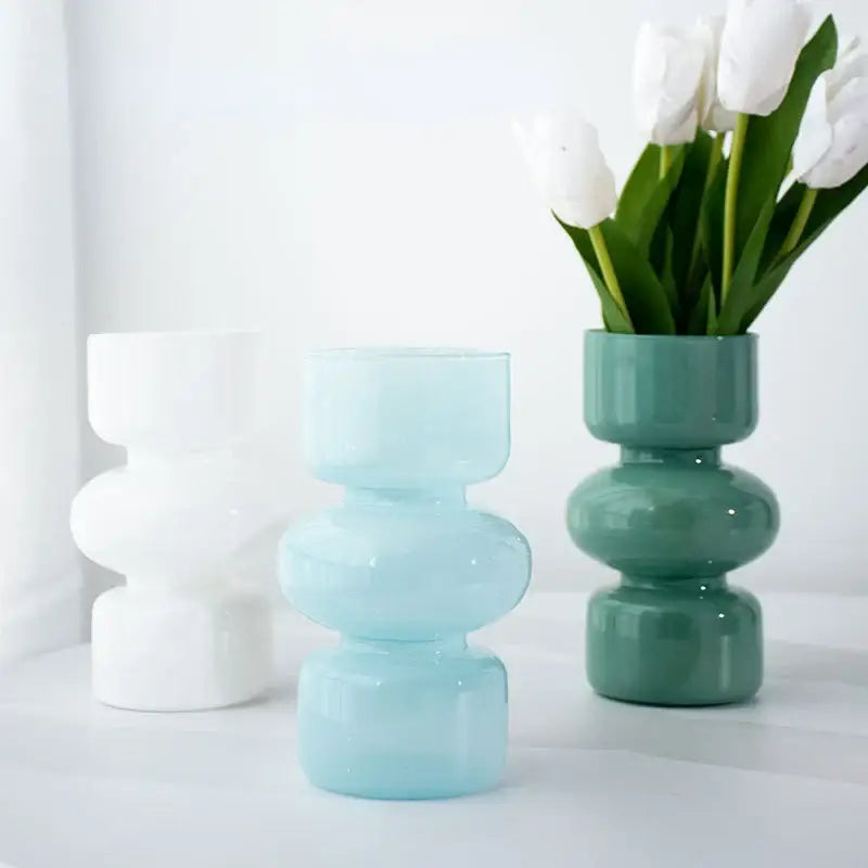 DecorBites™ nordic glass vase home decor in translucent light blue with modern stacked geometric design