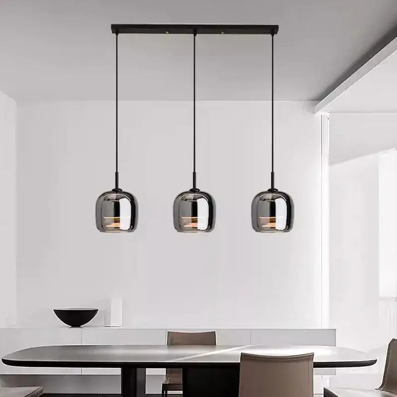 Modern luxury DecorBites nordic glass LED pendant chandelier with black reflective glass shades on minimalist fixture