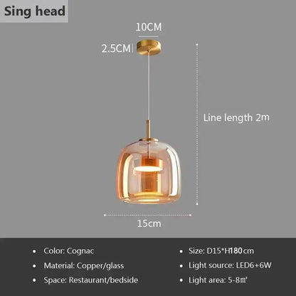 Cognac-colored decorbites nordic glass led pendant chandelier with copper finish and energy-saving led bulb