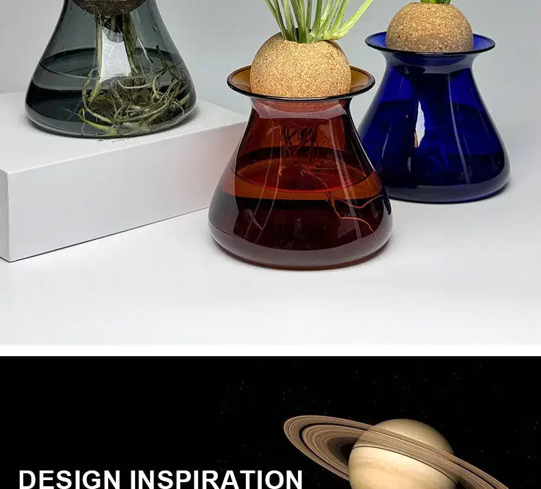 Amber-colored nordic glass vase with cork top and green plant for elegant home decor use