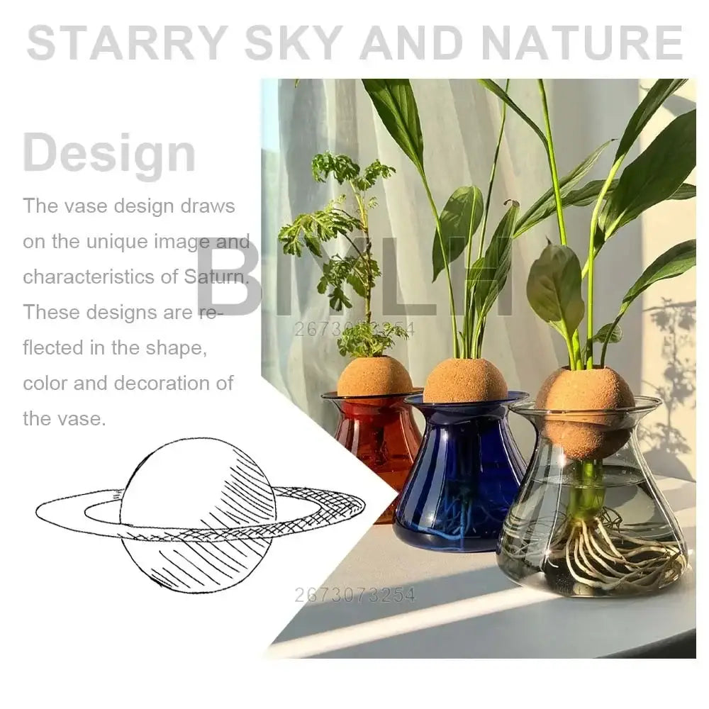 Three saturn-themed DecorBites™ nordic glass vases in red blue and clear with cork tops for home decor holding plants