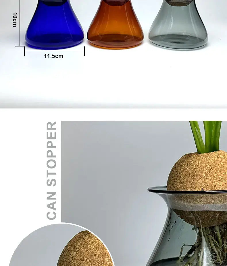 Three conical nordic glass vases in blue amber and gray with cork stoppers for home decor use