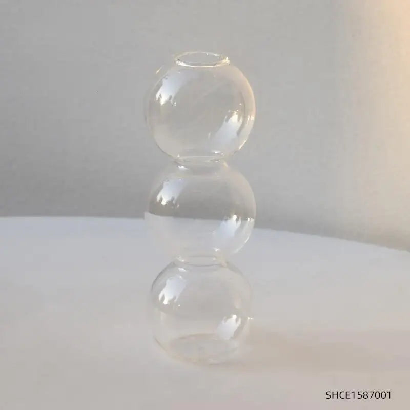 Clear glass spherical nordic glass vase with three stacked transparent orbs ideal for home decoration gift