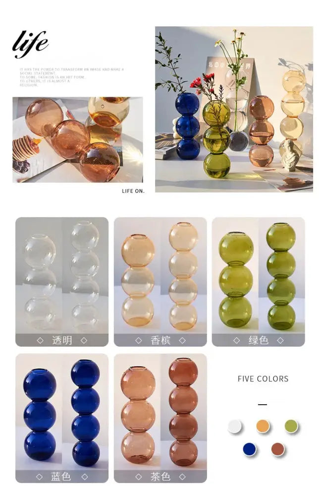Stacked glass sphere nordic glass vases in translucent amber green blue and tea tones for home decoration gift