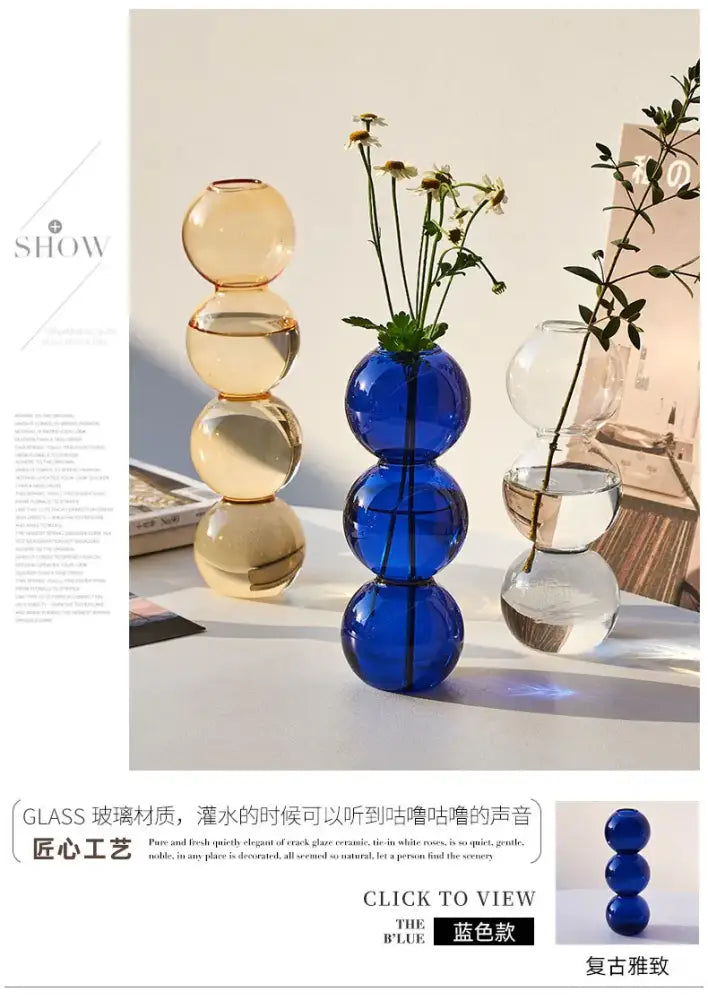 DecorBites™ nordic glass vase in deep blue with three interconnected spherical segments for home decoration gift