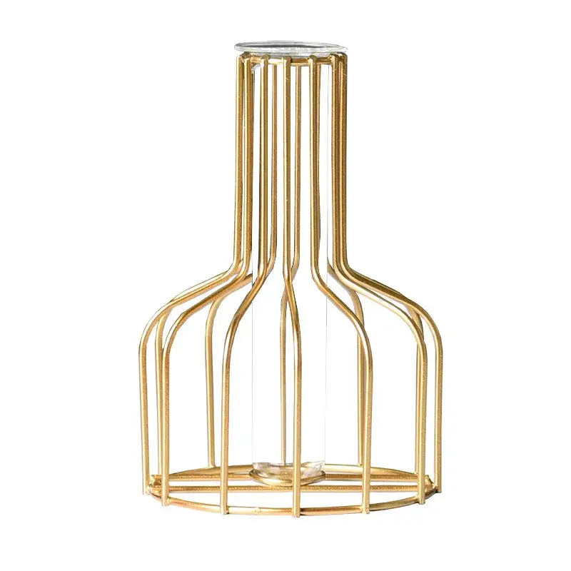 Decorbites nordic golden iron hydroponic table vase with gold-toned metal cage and clear glass vases flower accents