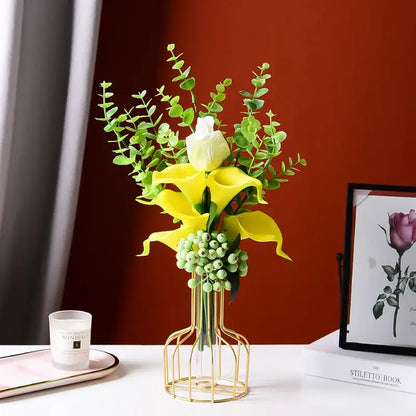 DecorBites™ nordic golden iron hydroponic table vase with gold wireframe holding yellow calla lilies and white roses for vases flower
