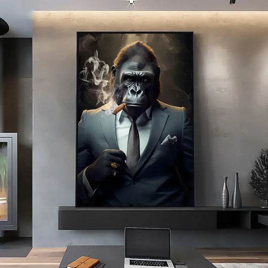 DecorBites Nordic gorilla wall art canvas print features a black and gray formal suit gorilla smoking a cigar art canvas